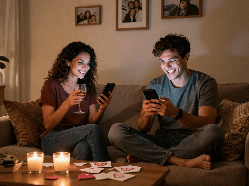 Couple engaged in playful sexting ai communication in cozy living room