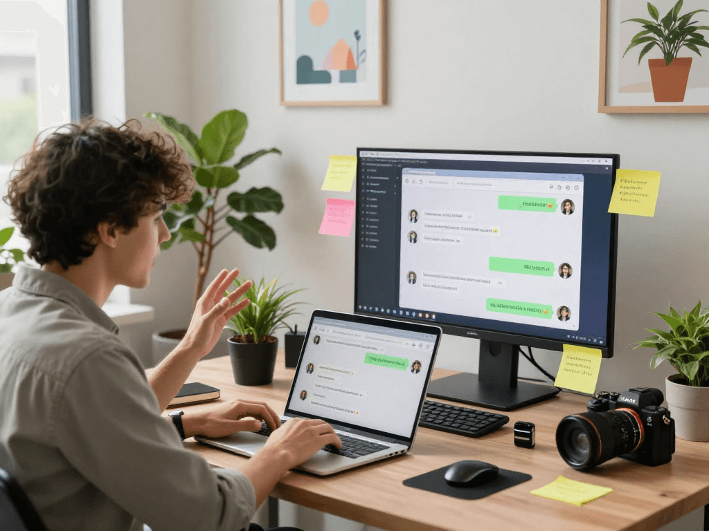Engaging spicy AI chat scene with two colleagues collaborating in a vibrant tech workspace, highlighting innovation.