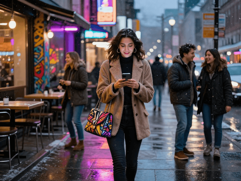 Gái gọi trong không gian thành phố sôi động, phản chiếu ánh đèn neon và tương tác với bạn bè.