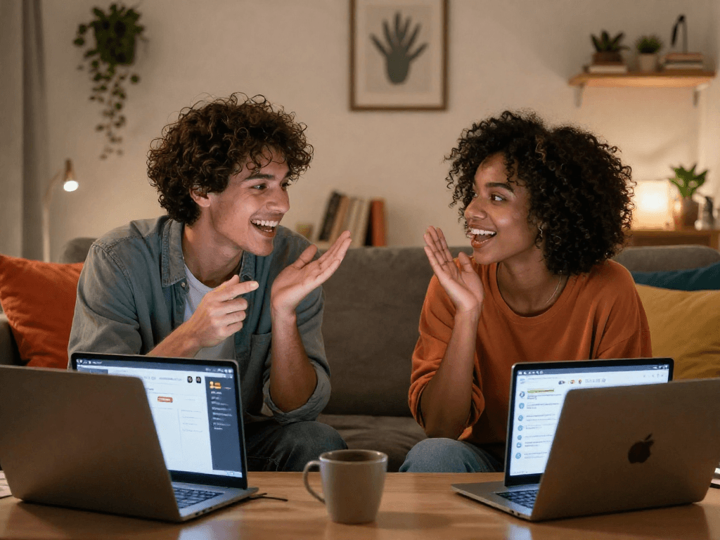 Engaging ai porn chat scene showcasing diverse couple in cozy settings.