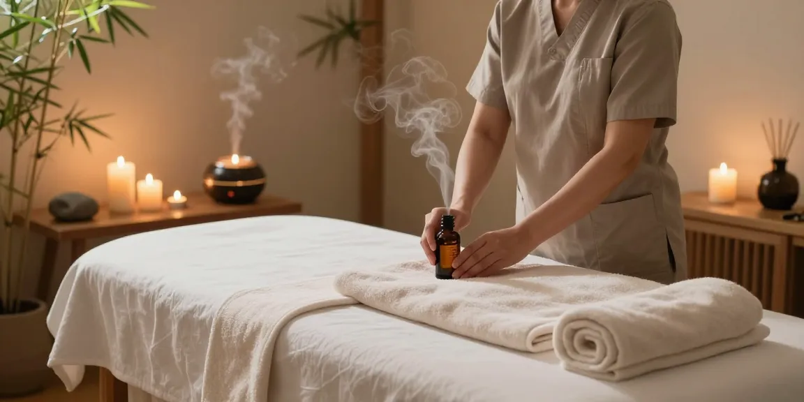 Experience a serene 남양주출장마사지 setting with massage therapist preparing oils and a calming atmosphere.