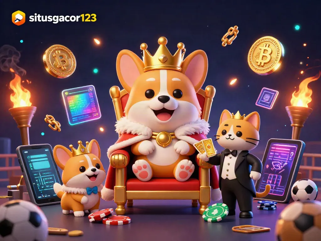 Engage in sports betting with situsgacor123 featuring a royal corgi on poker chip throne.