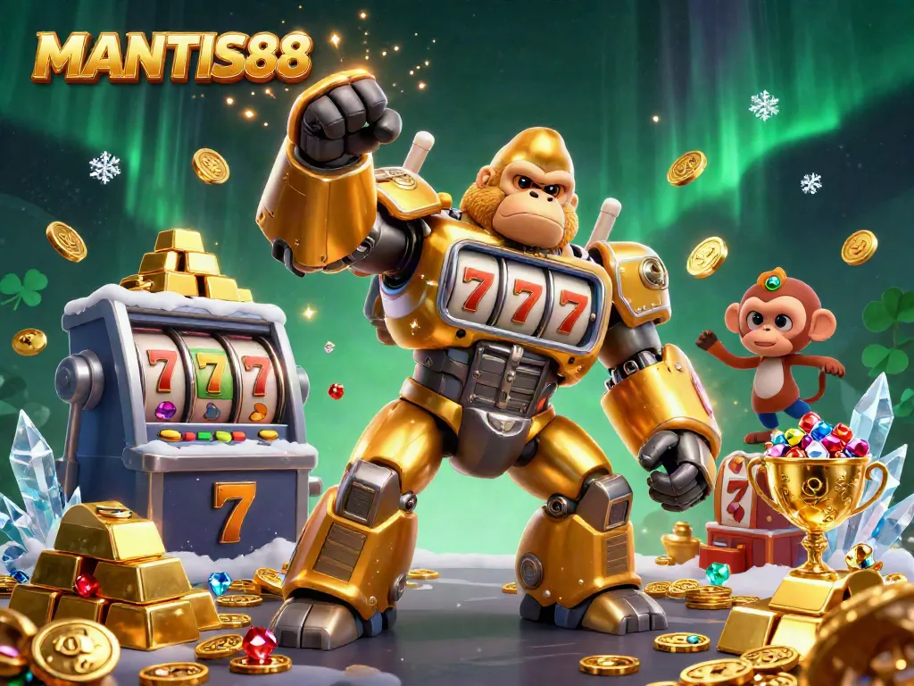 MANTIS88 showcases a dynamic golden gorilla mech celebrating slot game wins with coins and treasures.