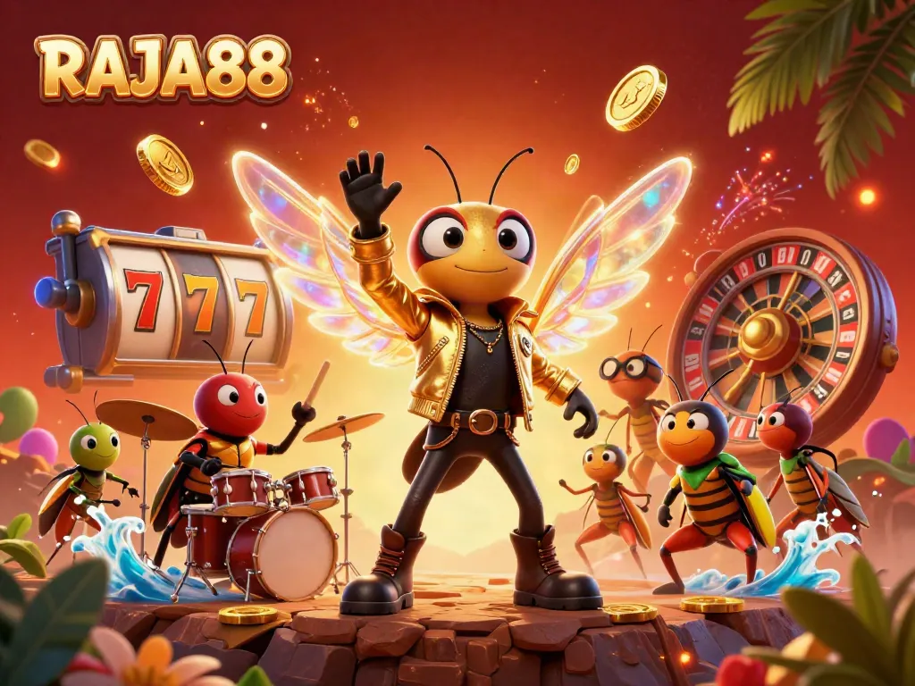 RAJA88 menampilkan cicada rock star 3D bersinar di latar belakang permainan kasino yang dinamis.