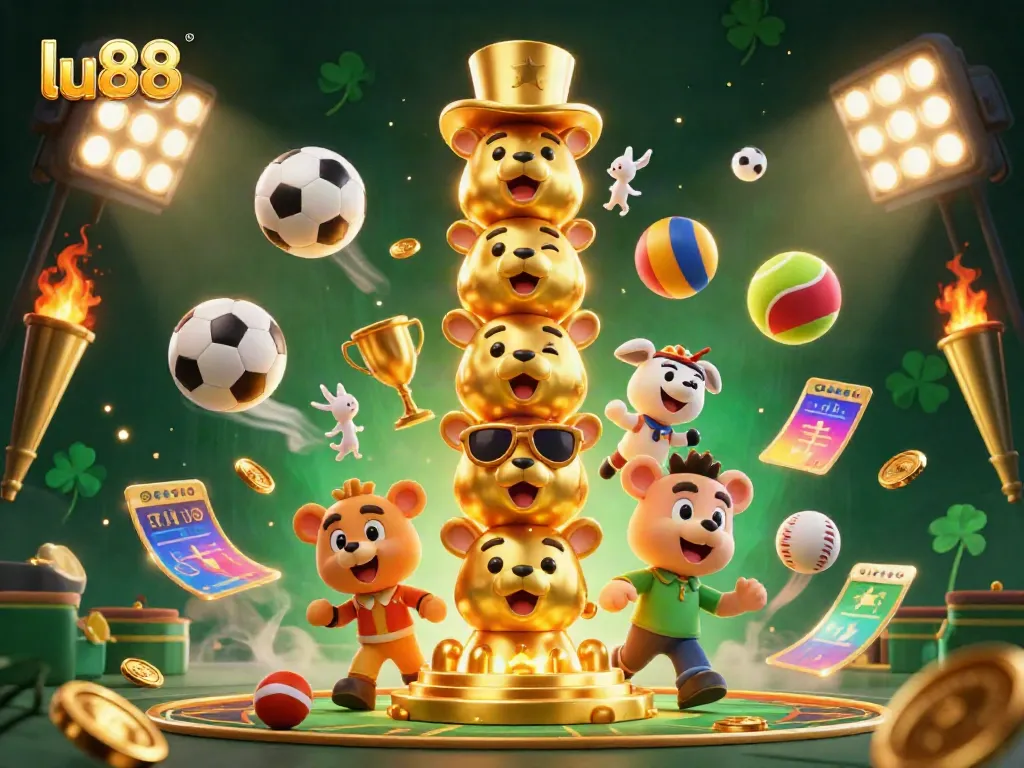 Experience thrilling games at lu88 with vibrant sports elements and a dynamic totem pole centerpiece.