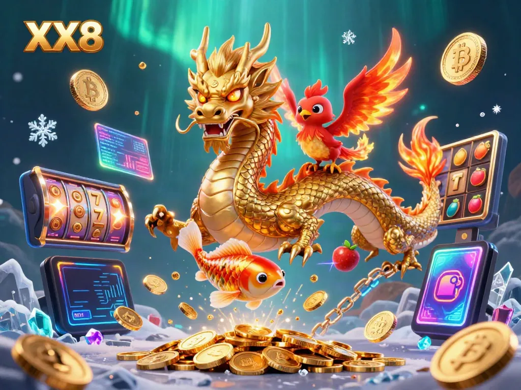 Experience strategic gameplay at XX8 Casino with a dynamic scene of casino elements, coins, and mythical creatures.