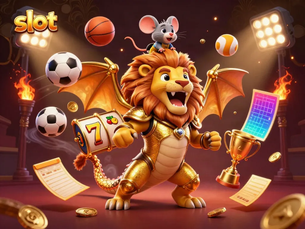 Engaging scene depicting a chimera and a mouse jockey amidst vibrant slot symbols and sports elements, celebrating luck.