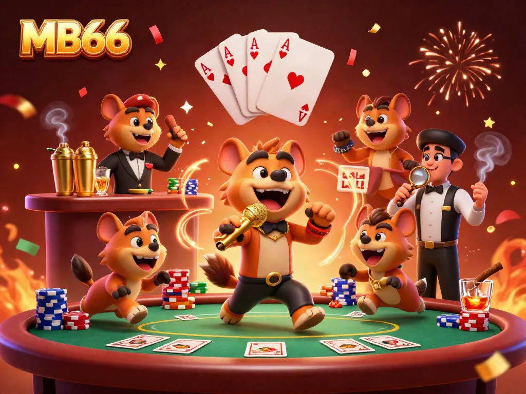 Engage with MB66 at a vibrant comedy casino club, featuring hyenas and poker elements.