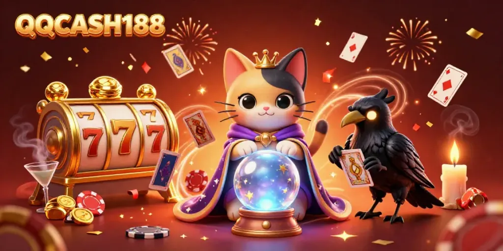Engage with QQCASH188 as a mystical fortune teller cat and raven reveal winning strategies.