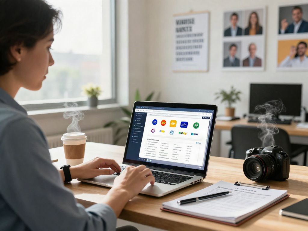 Job seeker actively searching for job opportunities (หางาน) in a modern office environment with a laptop.