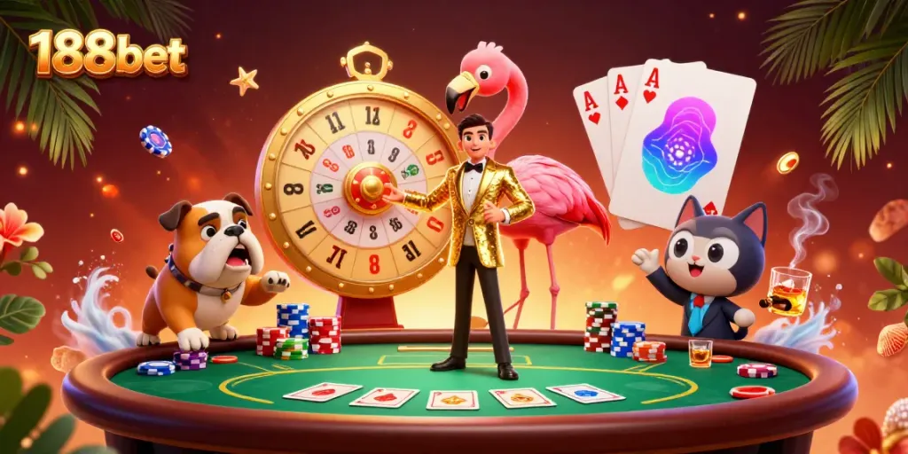 Experience thrilling gameplay with 188bet showcased through dynamic characters and vibrant casino elements.