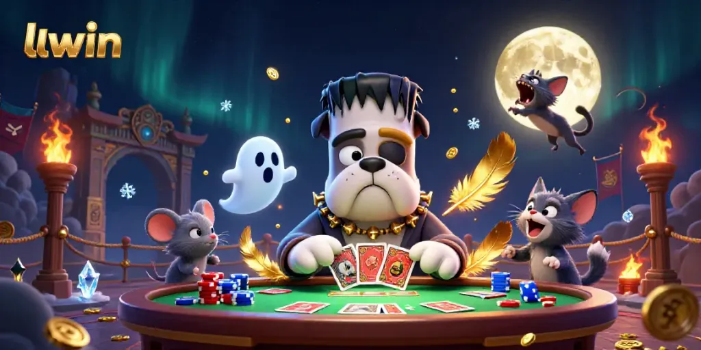 Engaging scene with llwin's Frankenstein bulldog dealing cards at a haunted casino table with whimsical characters.
