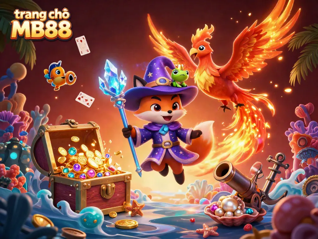 Experience winnings at trang chủ MB88 with vibrant 3D illustration of wizard, phoenix, and treasures.