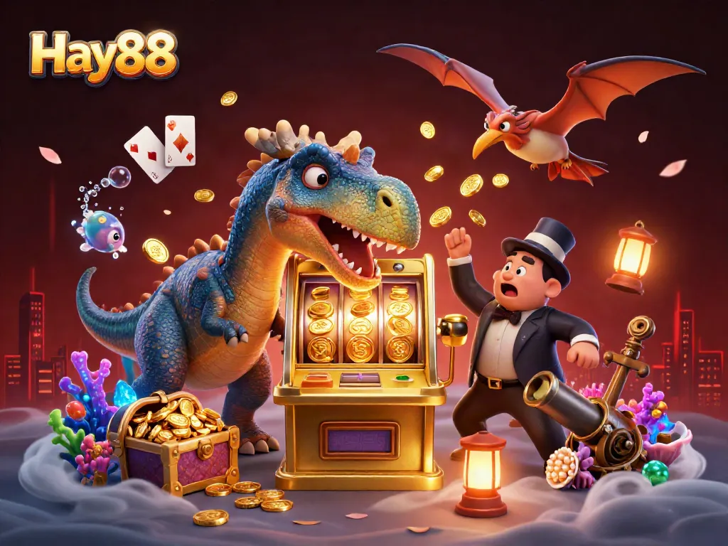 Experience thrilling jackpots at Hay88 with a vibrant 3D casino scene featuring winning dinosaurs.