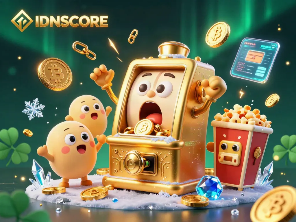 IDNSCORE delivers a lively winning scene with a golden slot machine enjoying a jackpot amidst shimmering coins and vibrant crypto elements.