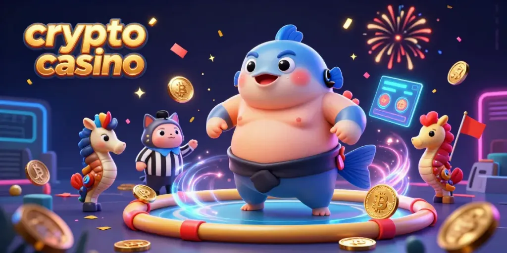 Experience the action at a vibrant crypto casino with lively underwater characters and game symbols.