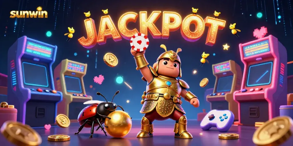 Engage in thrilling play at sunwin as cartoon beetles celebrate a jackpot amidst vibrant gaming elements.