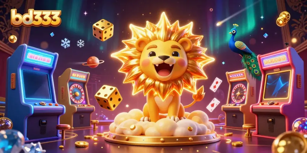 Engage with the exciting bd333 gaming platform featuring a regal sun lion amidst colorful casino elements.