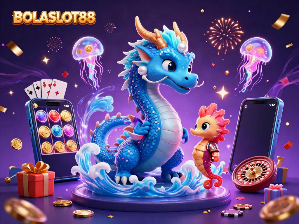 BOLASLOT88 presents an exciting underwater gambling adventure with a dragon and slot gaming elements.