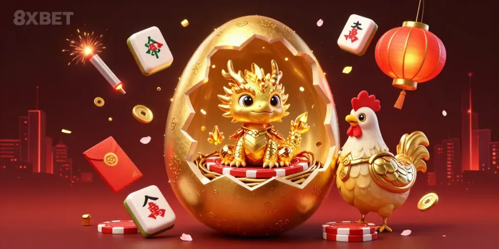 Experience the excitement of 8XBET with a golden dragon at a casino, surrounded by vibrant gaming elements.