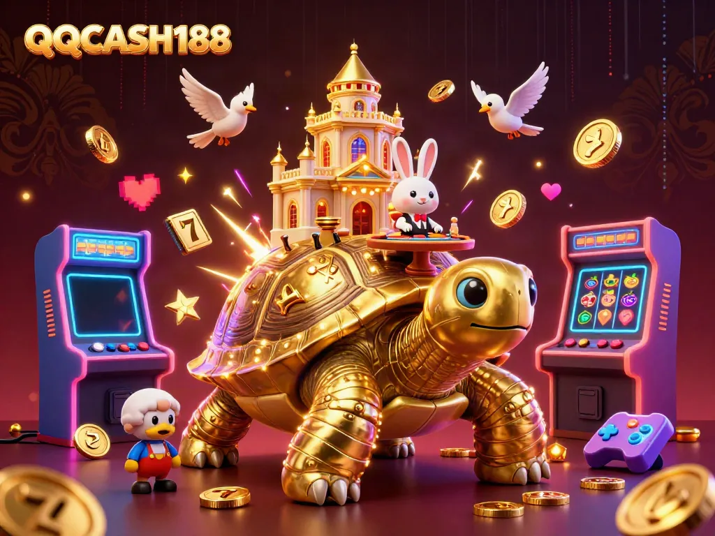 Experience the thrilling gameplay of QQCASH188 with a fun cartoon scene of casino action.