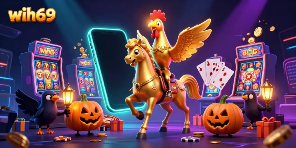 Wih69 menampilkan slot mahjong dengan simbol keberuntungan dan jackpot di kasino malam hari