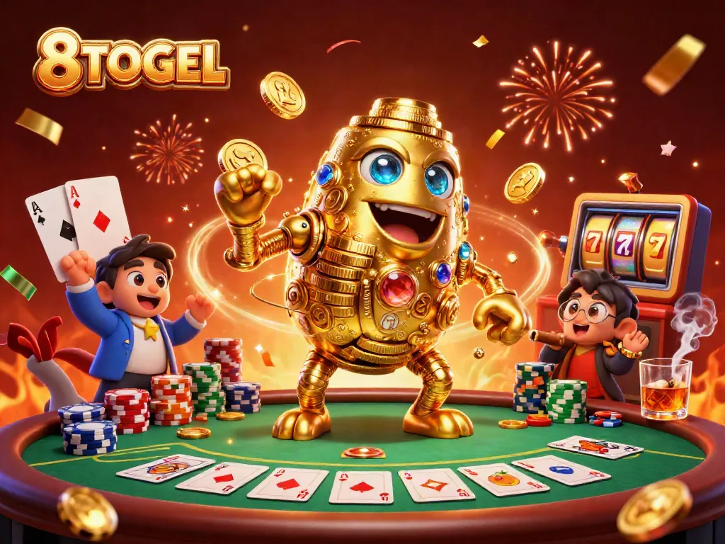 Engage with exciting 8TOGEL action featuring a golden golem surrounded by poker elements and slot games.