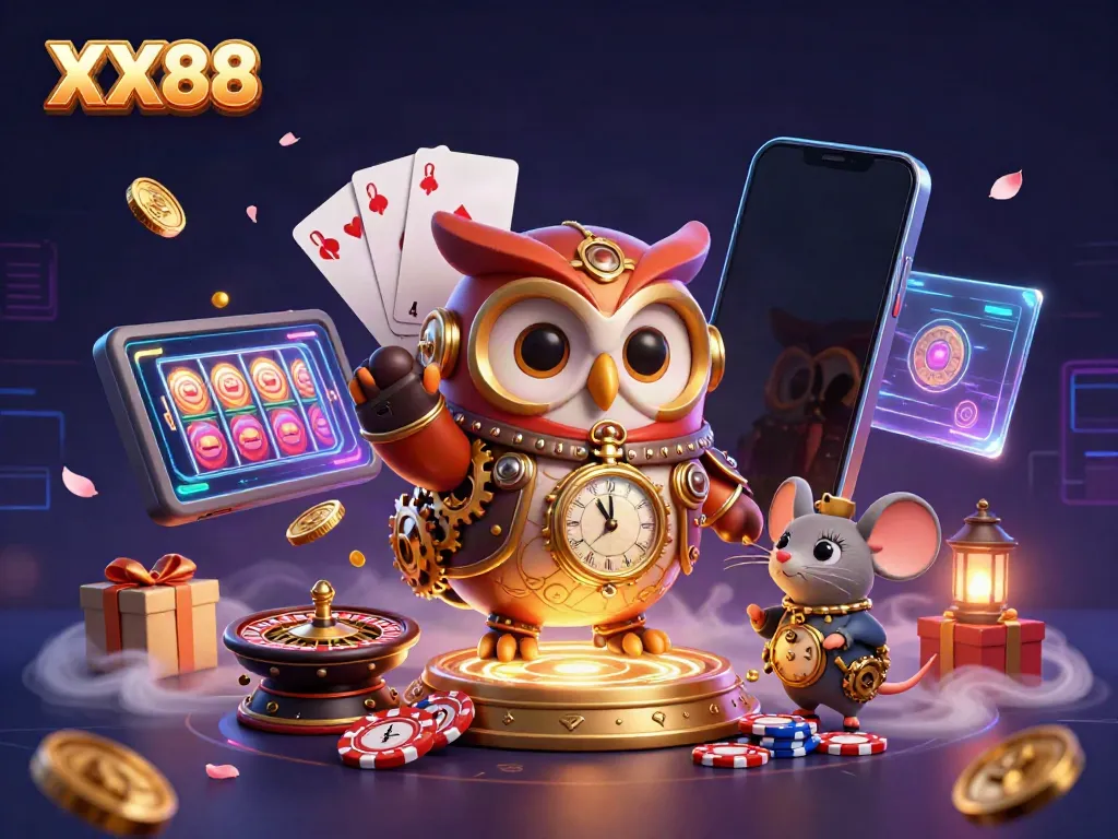 Experience thrilling entertainment with XX88 as a cartoon owl and companions explore a vibrant casino world.