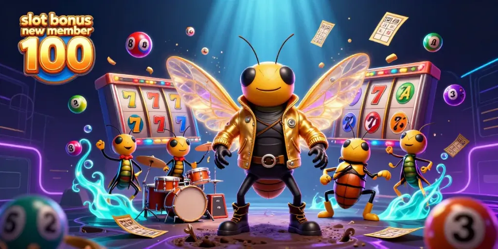 Experience the excitement of slot bonus new member 100 with vibrant casino-themed characters and elements in a dynamic scene.