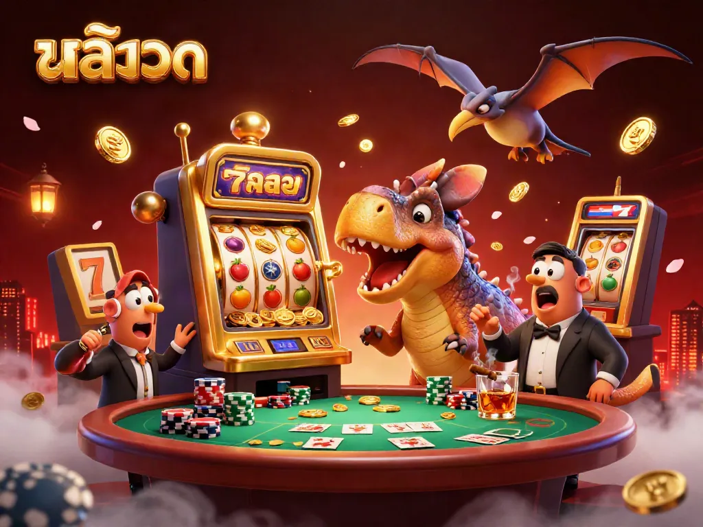 Caught in excitement, a pachycephalosaurus interacts with a golden slot machine, surrounded by casino elements showcasing สล็อต themes.