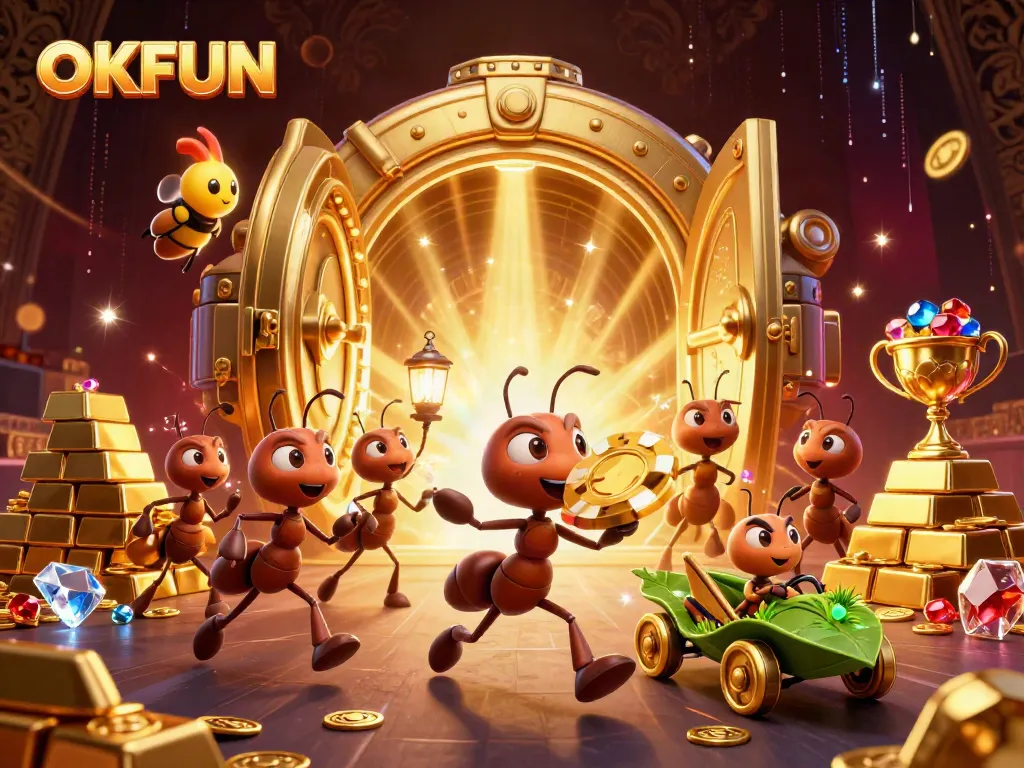 OKFUN ants carry a giant poker chip amid treasures in a vibrant casino heist scene.