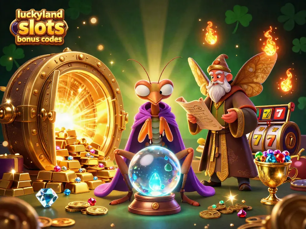 Spin and win with luckyland slots bonus codes in a vibrant 3D casino scene filled with treasures.