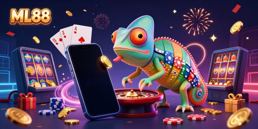 Experience the excitement of ML88, featuring a dynamic chameleon casino owner amidst vibrant gaming elements.