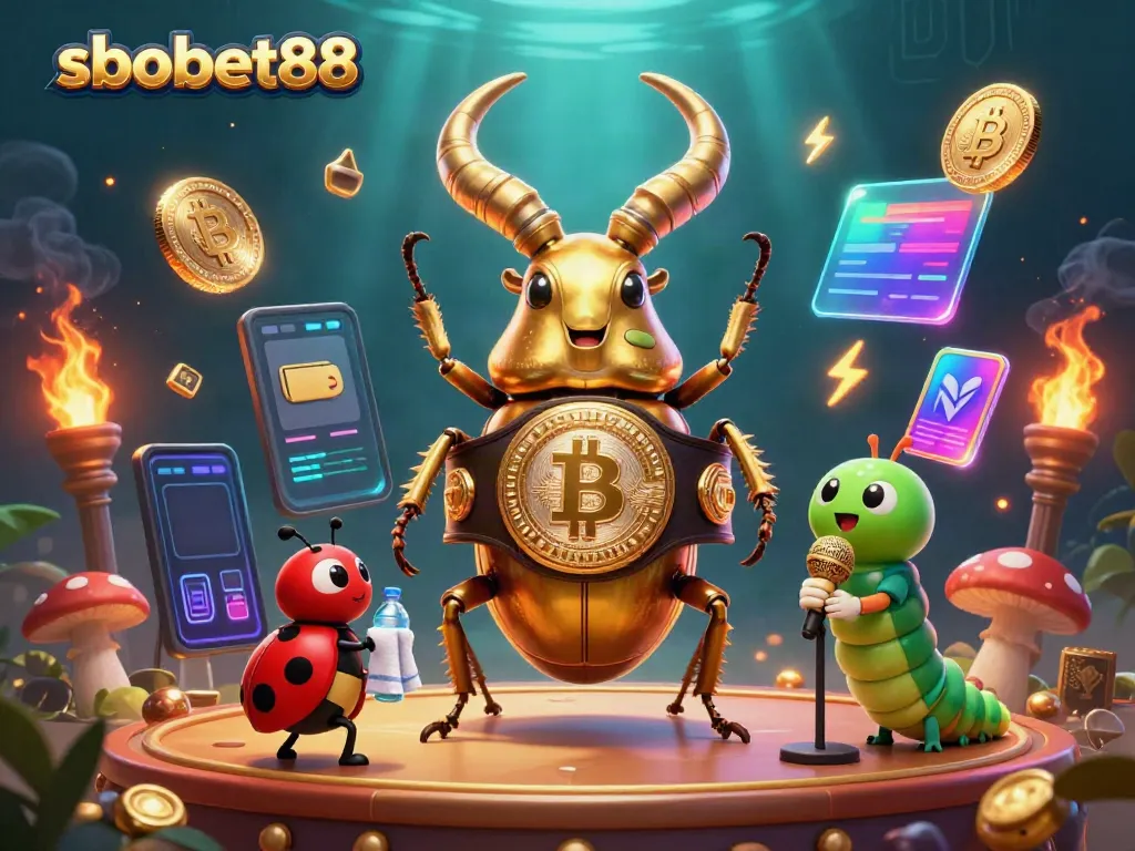 Engage in sports betting with sbobet88's dynamic scene featuring cartoon insect champions.