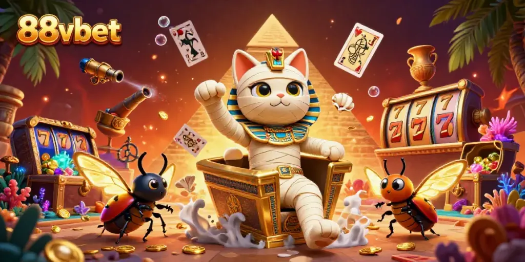 Experience thrilling moments at 88vbet with an Egyptian mummy cat in a lush casino scene.