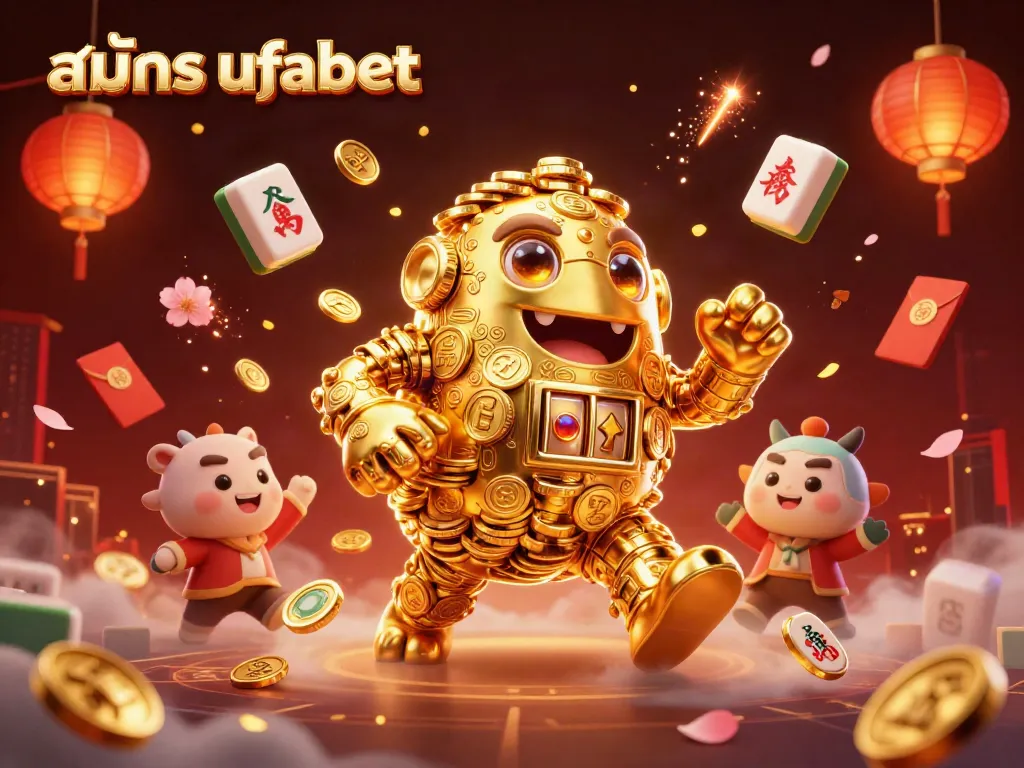 Play slot games and navigate สมัคร ufabet features with our golden golem mascot surrounded by festive elements.