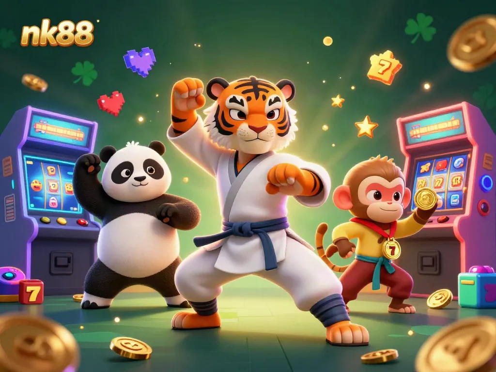 Experience the thrill of nk88 with vibrant characters and dynamic casino elements in a stunning 3D illustration.