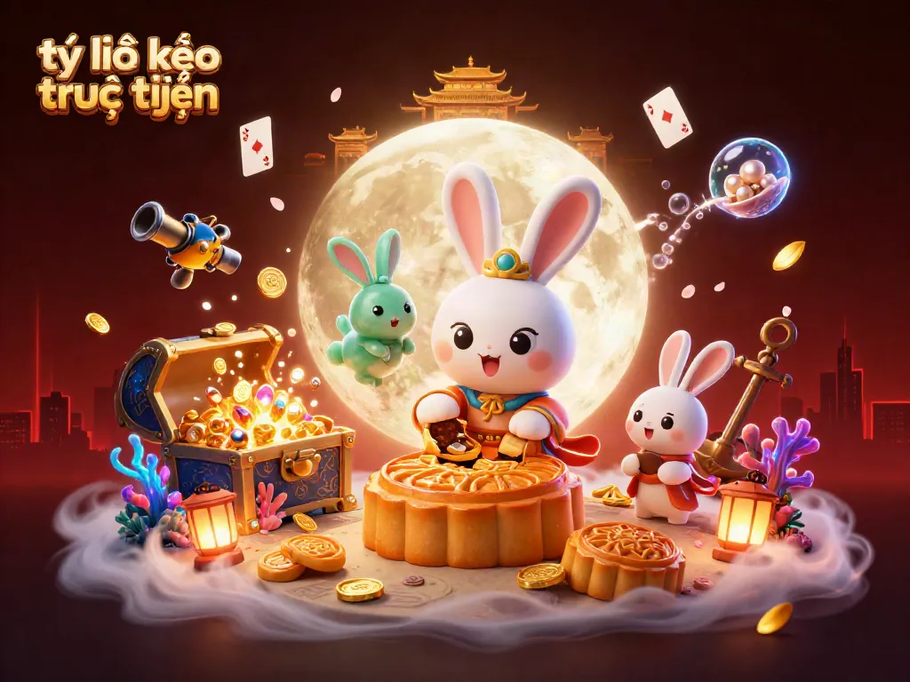 Bet on tỷ lệ kèo trực tuyến while enjoying festive moon rabbits and vibrant casino elements.