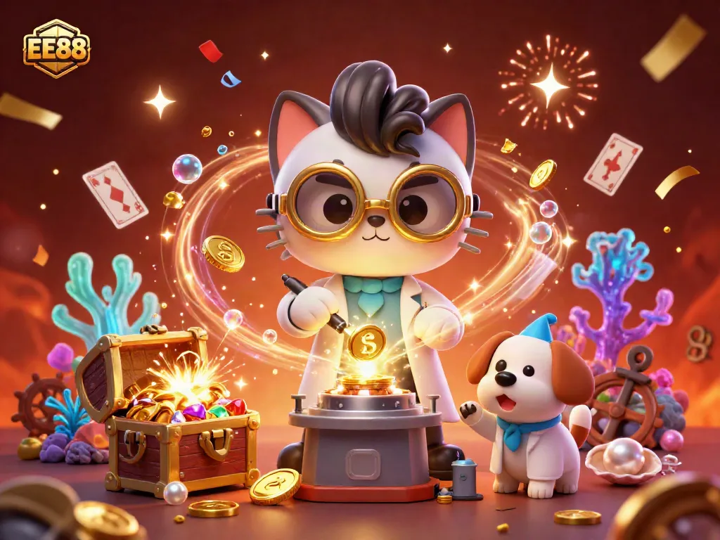 Experience thrilling wins with the vibrant EE88 scene featuring a mad scientist cat and loyal dog in a magical casino.