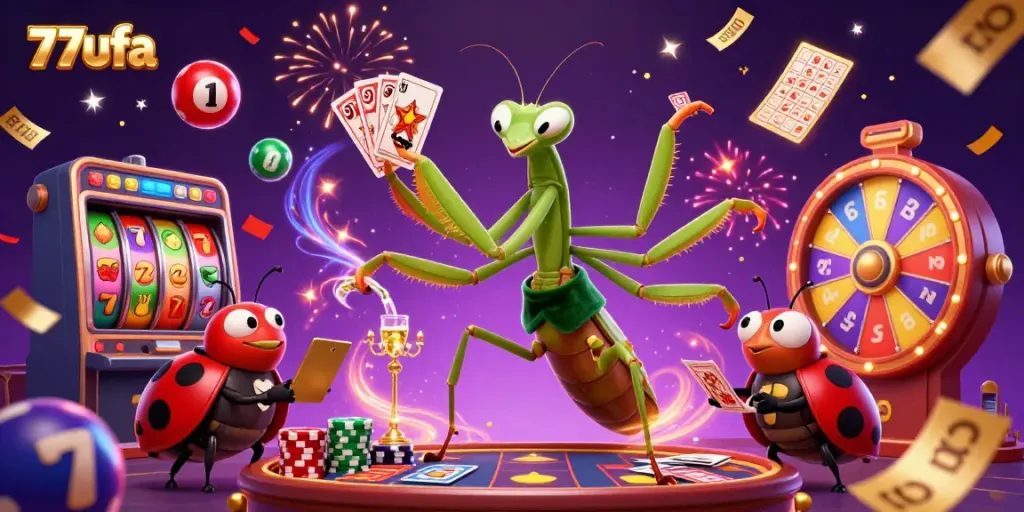 Experience the excitement of 77ufa with vibrant slot reels, dynamic characters, and a lively casino atmosphere.