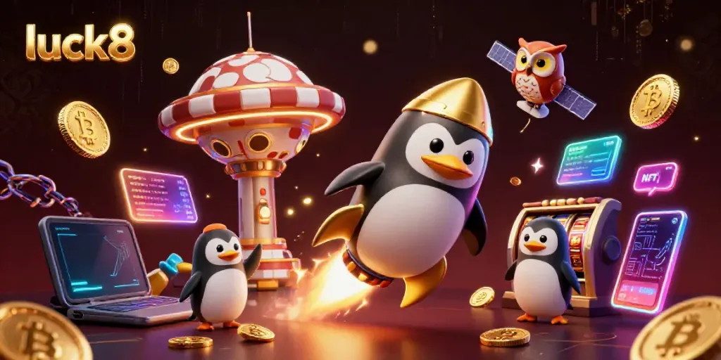 Experience luck8's exciting gambling journey with a golden penguin and casino themes