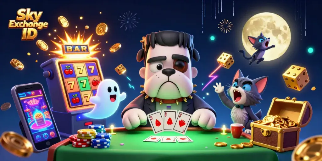 Engage in the excitement of Sky Exchange ID with a lively 3D casino illustration showcasing winning moments.