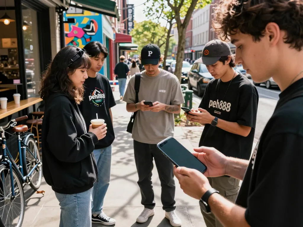 Young adults in urban setting showcasing peh888 streetwear collection in vibrant city