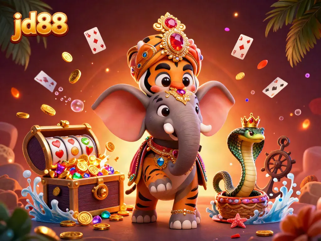 Experience thrilling jackpots at jd88 with vibrant characters and casino elements in an engaging 3D illustration.