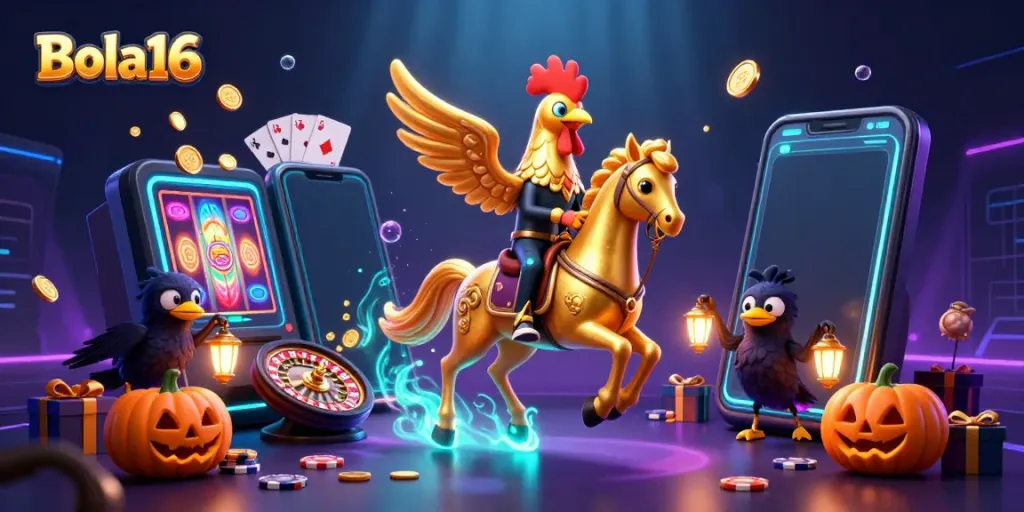 Bola16 captivates audiences with a shimmering 3D scene filled with golden gaming elements and mystical characters.