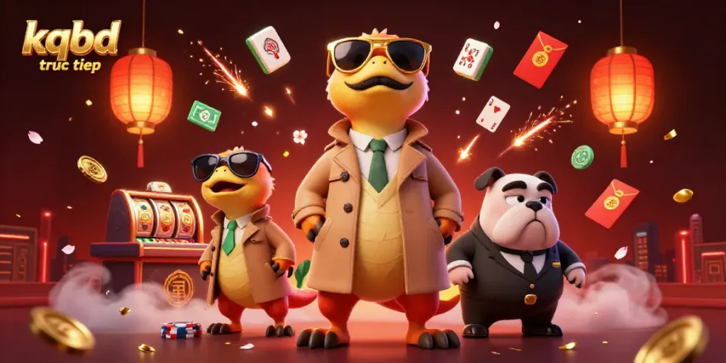 KQBD truc tiep showcases animated raptors entering a VIP casino, filled with bright gaming elements.