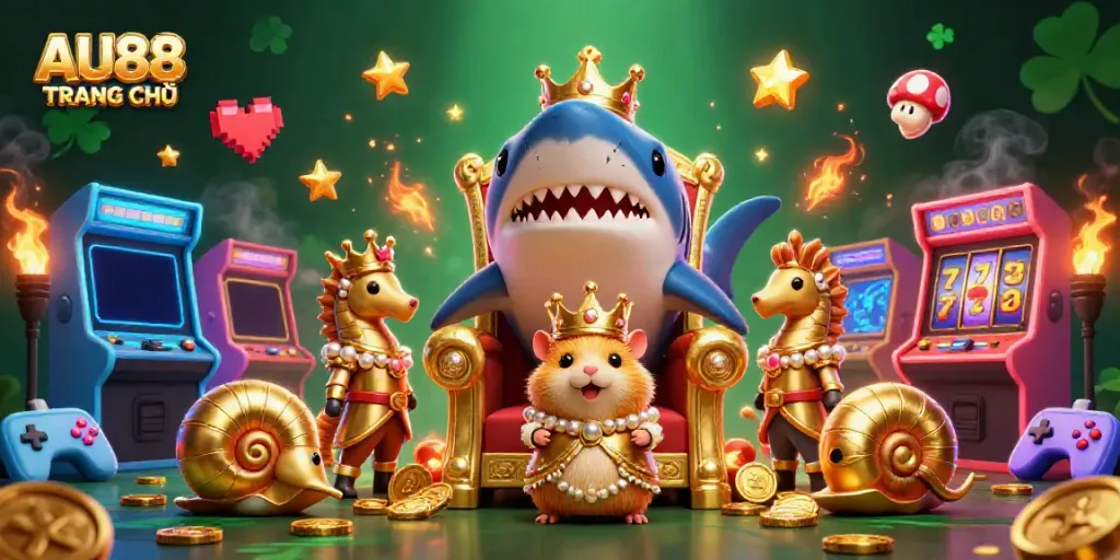 Play at AU88 TRANG CHỦ with the golden hamster king and vibrant slot machines.