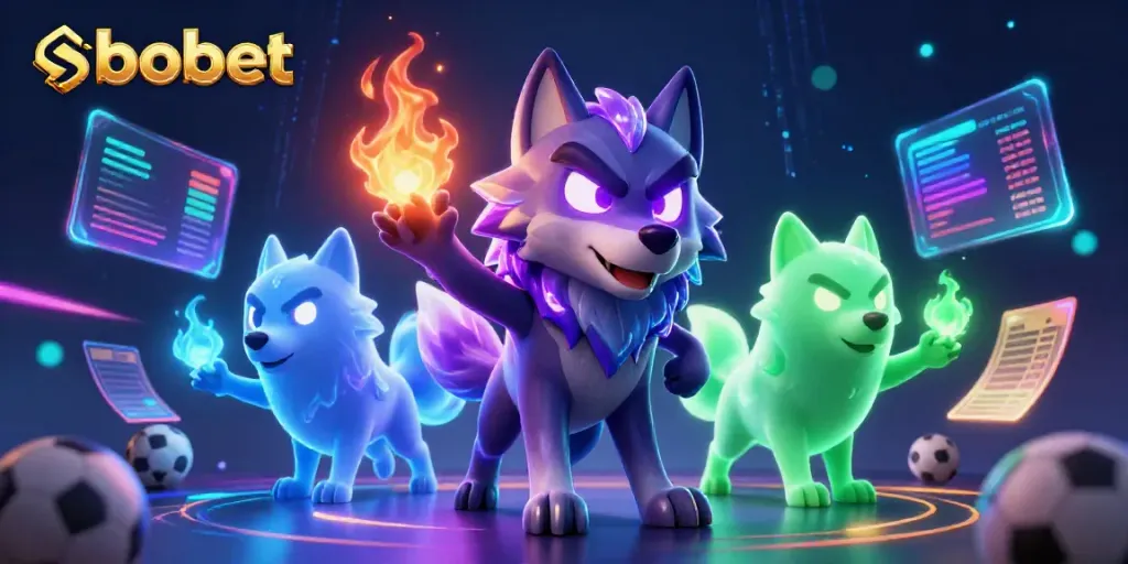 Engage in thrilling sports betting with sbobet amidst spectral wolves and vibrant digital elements.