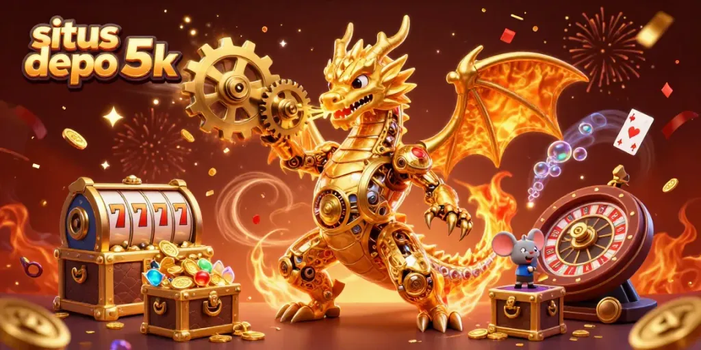 Experience excitement with situs depo 5k, where a golden dragon unleashes treasures in a vivid casino scene.