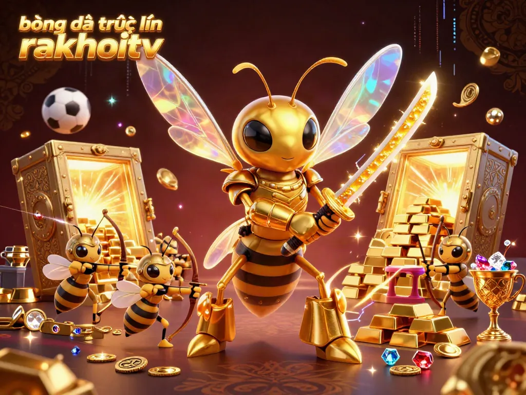 Engage with bóng đá trực tuyến rakhoitv featuring a giant golden hornet with katanas in a vibrant sports betting scene.